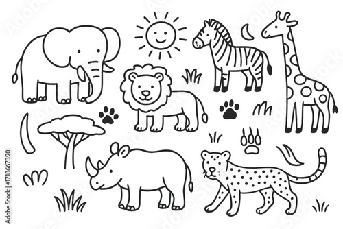 Savanna Animal Doodles. Hand-drawn doodle illustration African savanna animals elephant, lion, zebra, giraffe, rhino, cheetah,