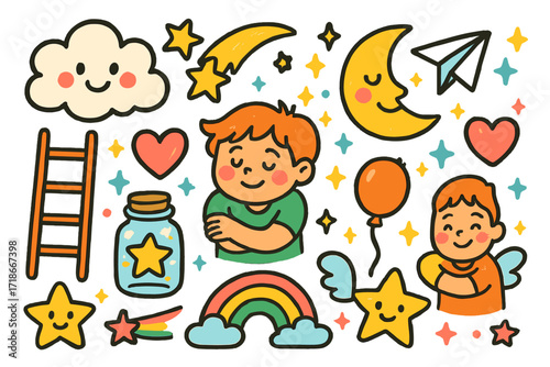 Dreamland Doodle Delight. Colorful Hand-drawn doodle Children illustration Uplifting dreams dream cloud, star trail, moon with smile, paper plane, heart,
