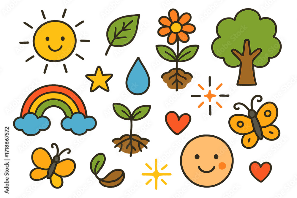 Fototapeta premium Sun's Vibrant Energy Icons. Colorful Hand-drawn doodle Children illustration Energy of the Sun [sun, leaf, sprout, flower, tree,