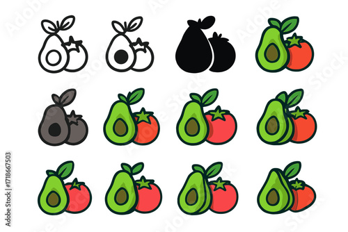 Fresh Salad Logos. Set Logo of preparing a fresh salad with avocado, tomatoes, and greens: Avocado and tomato duo icon. Logo set in vector style, emblematic