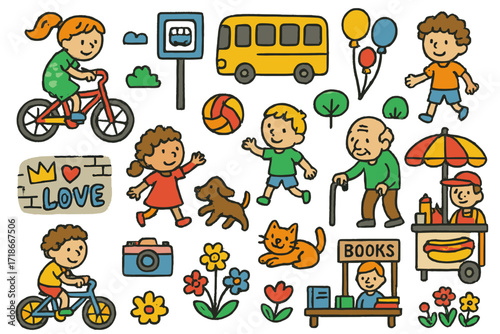 Vibrant Street Life. Colorful Hand-drawn doodle Children illustration Everyday life on streets bicycles, bus stop, children playing, ball, dog, cat, old man