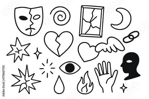 Fragmented Identity Icons. Hand-drawn doodle illustration Fragmented identity cracked mask, broken mirror, swirl, shattered star, heart, moon, wings, chain,