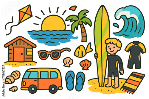 Surfer Sunset Doodles. Colorful Hand-drawn doodle Children illustration [Surfer?s beach sunset] [sunset, surfboard, wave, palm tree, wetsuit, beach shack,