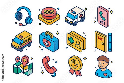 Emergency Service Icons. Colorful isometric vector icons set of Helpline and emergency services: call center headset, SOS button, ambulance, phone, crisis