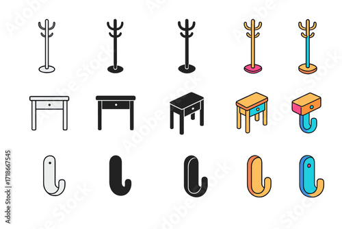 Minimalist Entryway Icons. Icon Set of Minimalist Entryway: Coat rack, Console table, Wall hook. Icons set in vector style, emblematic variations. Coat rack