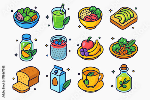 Clean Eating Icons. Colorful isometric vector icons set of Clean Eating Basics: fresh salad, green smoothie, quinoa bowl, avocado toast, detox water, chia