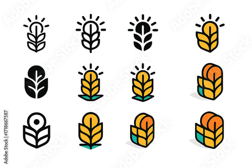 Heat-Resilient Wheat Logos. Set Logo of Climate-resistant crops: Heat-resilient wheat. Logo set in vector style, emblematic variations. line, bold thick line,