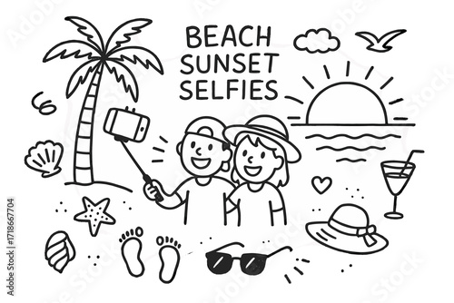 Beach Sunset Selfies. Hand-drawn doodle illustration Beach sunset selfies [smartphone, selfie stick, friends, sun, palm tree, waves, seashell, starfish,