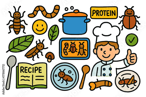 Edible Insect Doodles. Colorful Hand-drawn doodle Children illustration Edible Insects cricket, worm, beetle, cooking pot, protein label, bug tray, recipe