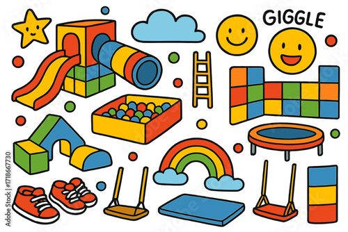 Vibrant Indoor Playground. Colorful Hand-drawn doodle Children illustration Indoor Playground slide, tunnel, colorful balls, foam