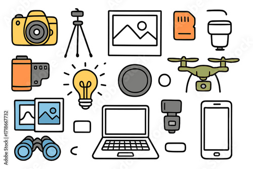Photography Doodle Icons. Photography. Hand-drawn doodle illustration photography camera colored, tripod, film roll colored, photo frame, memory card colored,