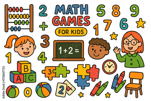 Colorful Math Games. Colorful Hand-drawn doodle Children illustration Math Games for Kids abacus, numbers, kids smiling, chalkboard, puzzle pieces, building