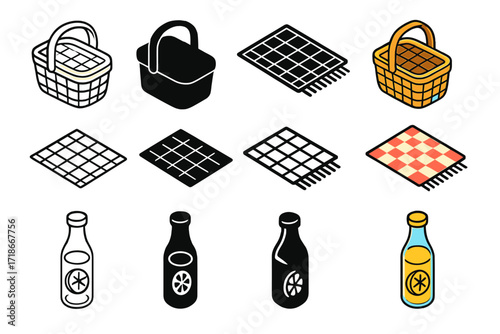 Retro Picnic Icons. Icon Set of Retro picnic with vintage summer decor: wicker picnic basket, checkered blanket, glass lemonade bottle. Icons set in vector