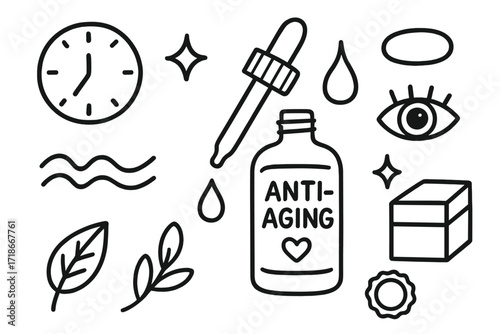 Anti-Aging Serum Icons. Hand-drawn doodle illustration Anti-aging serum bottle smooth icon, clock, droplet, eye icon, wrinkle line, cap, dropper, glow symbol,