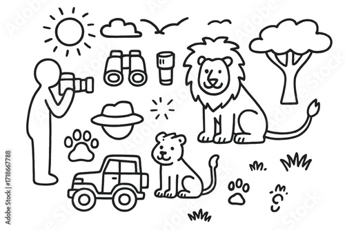 Photographer and Lions. Hand-drawn doodle illustration Photographer with lions [person silhouette, camera, lion, paw print, jeep, binoculars, hat, tree, grass
