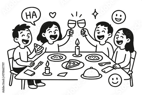 Friends' Dinner Laughter. Hand-drawn doodle illustration Group of friends sharing funny moments at dinner dinner table, laughing face, speech bubble, clinking