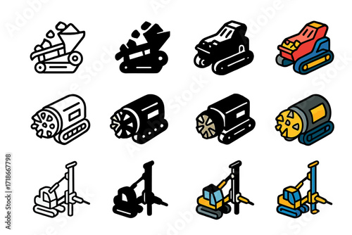 Mining Equipment Icon Set. Icon Set of Mining Equipment Hazards: Rock crusher, Tunnel borer, Drill rig. Icons set in vector style, emblematic variations. Rock