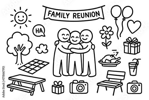 Family Reunion Picnic. Hand-drawn doodle illustration Family reunion outdoors [hugging figures, tree, sun, picnic blanket, balloons, table, food dish, heart,