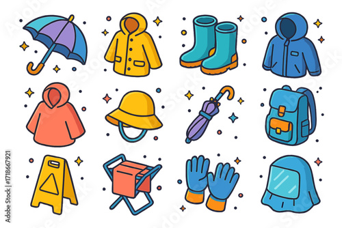 Rainy Day Essentials Icons. Colorful isometric vector icons set of rainy day essentials: umbrella, raincoat, waterproof boots, hooded jacket, poncho, rain hat,