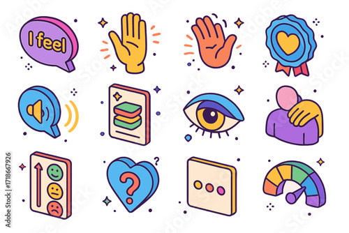 Compassionate Communication Icons. Colorful isometric vector icons set of compassionate communication: ?I feel? statement bubble, kind response phrase, warmth