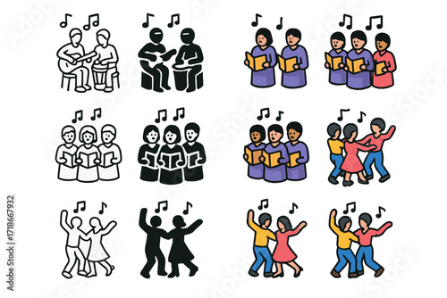 Music Unity Icons. Icon Set of Together in Music: Jamming session, Choir group, Dancing duo. Icons set in vector style, emblematic variations. Jamming session