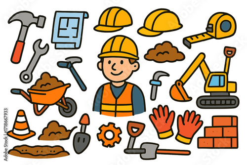 Construction Site Doodle. Colorful Hand-drawn doodle Children illustration Construction site tools hammer, wrench, hard hat, blueprints, wheelbarrow, measuring