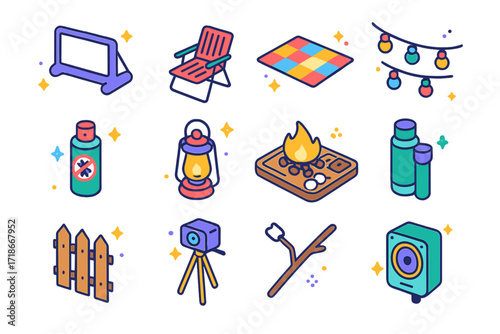 Outdoor Movie Night Icons. Colorful isometric vector icons set of outdoor movie night: inflatable screen, lawn chair, picnic blanket, fairy string lights, bug