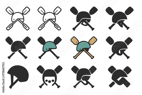 River Rafting Logo Designs. Set Logo of river rafting adventure: paddles crossed over helmet. Logo set in vector style, emblematic variations. line, bold thick