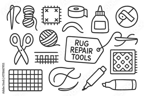 Rug Repair Tools. Hand-drawn doodle illustration Rug repair tools [needle, thread, scissors, yarn spool, patch, tape, glue bottle,