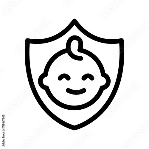 Shield with Baby Face Line Icon of Child Healthcare Icon Set