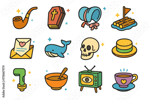Classic Literature Icons. Colorful isometric vector icons set of famous classic literature icons: Sherlock Holmes pipe, Dracula?s coffin book, Jane Eyre