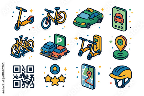 Urban Mobility Icons. Colorful isometric vector icons set of city mobility and shared transport: electric scooter, shared bike,