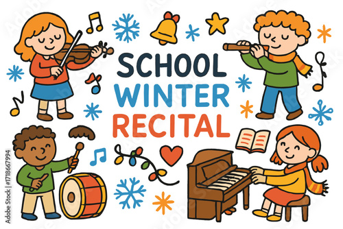 School Winter Recital. Colorful Hand-drawn doodle Children illustration School Winter Recital [student, violin, piano, flute, drum, music note, snowflake,
