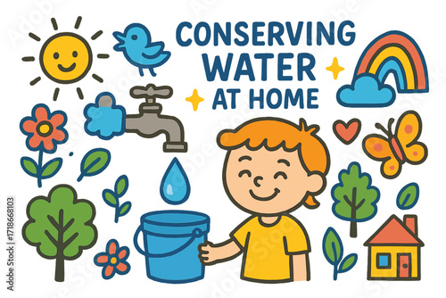 Conserve Water Doodle. Colorful Hand-drawn doodle Children illustration Conserving Water at Home faucet, bucket, water droplet, rainbow, child smiling, flower,