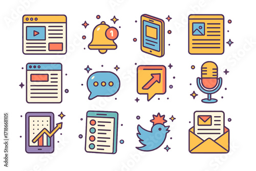 Digital News Icons. Colorful isometric vector icons set of digital journalism and online news: news website layout, push notification icon, mobile headline