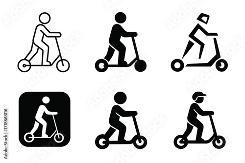 Electric Scooter Logos. Using an electric scooter to commute in the city. Set Logo of Using an electric scooter to commute in the city: scooter with rider