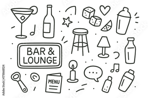 Bar Lounge Doodle. Hand-drawn doodle illustration Bar and lounge vibes [cocktail glass, wine bottle, bar stool, ice cubes, lemon slice, bottle opener, music