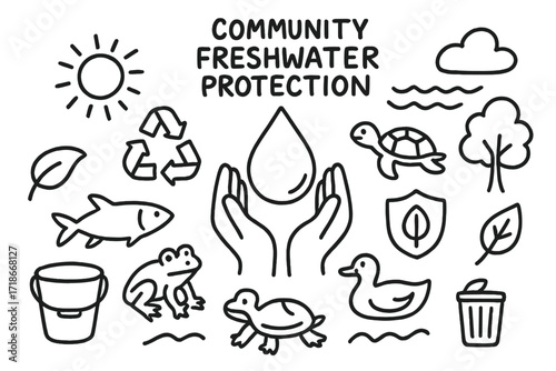 Freshwater Protection Icons. Hand-drawn doodle illustration Community freshwater protection [hands holding water, droplet, recycling symbol, fish, turtle,