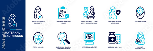 Maternal Health Blue Colored Outline Icon Set