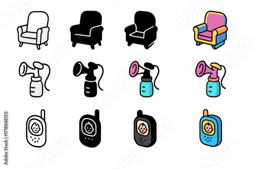Postpartum Care Icons. Icon Set of Postpartum Care: Nursing chair, Breast pump, Baby monitor. Icons set in vector style,