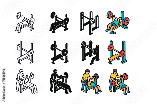 Strength Coaching Icons. Icon Set of Strength coaching: bench press, squat rack, coach spotting. Icons set in vector style, emblematic variations. Bench press