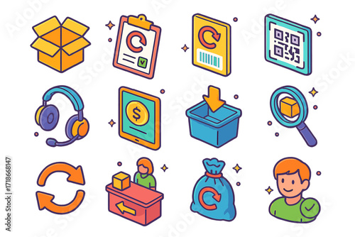 E-commerce Return Icons. Colorful isometric vector icons set of return and exchange process: opened package, return request form, return label sticker, QR scan