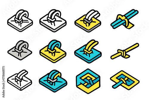 Neat Cable Management Logos. Set Logo of Arranging office cables neatly: Cable tie mount square pad. Logo set in vector style, emblematic variations. line,
