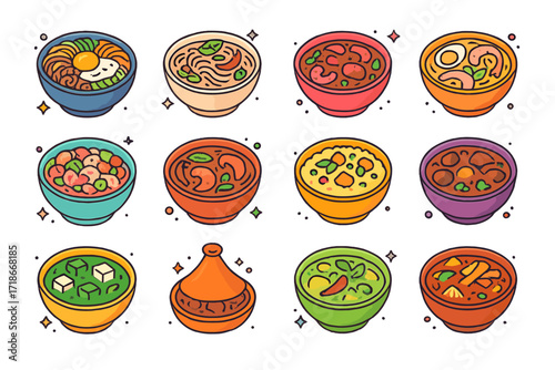 Global Cuisine Icon Set. Colorful isometric vector icons set of global bowl dishes: bibimbap, pho, gumbo, laksa, ceviche bowl, tom yum soup, couscous bowl,