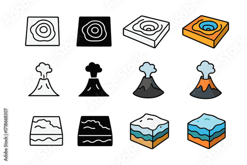 Planetary Survey Icons. Icon Set of Planetary Surveying: Crater topology map, Volcanic plume trace, Polar ice sheet diagram. Icons set in vector style,