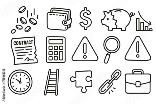 Financial Doodle Icons. Hand-drawn doodle illustration financial pitfalls falling coins, wallet empty, piggy bank broken, bar chart down, dollar sign, contract