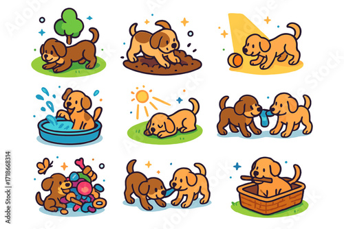 Puppy Play Icons. Colorful isometric vector icons set of Puppy playtime scenes: puppy at park, digging in garden, running after