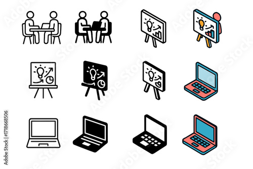 Startup Workspace Icons. Icon Set of Startup Workspace: Coworking space, Whiteboard sketch, Laptop. Icons set in vector style,