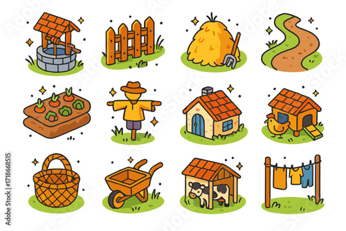 Village Life Icons. Colorful isometric vector icons set of Village Life Essentials: water well, wooden fence, haystack, dirt path, vegetable patch, scarecrow,