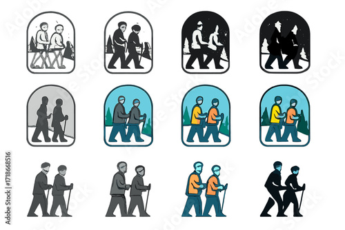 Snowy Forest Walkers. Set Logo of people walking in a snowy forest: senior couple with walking sticks. Logo set in vector style,